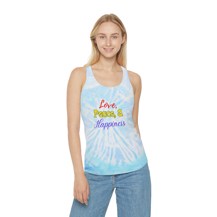 Love, Peace & Happiness Tie Dye Racerback Tank Top